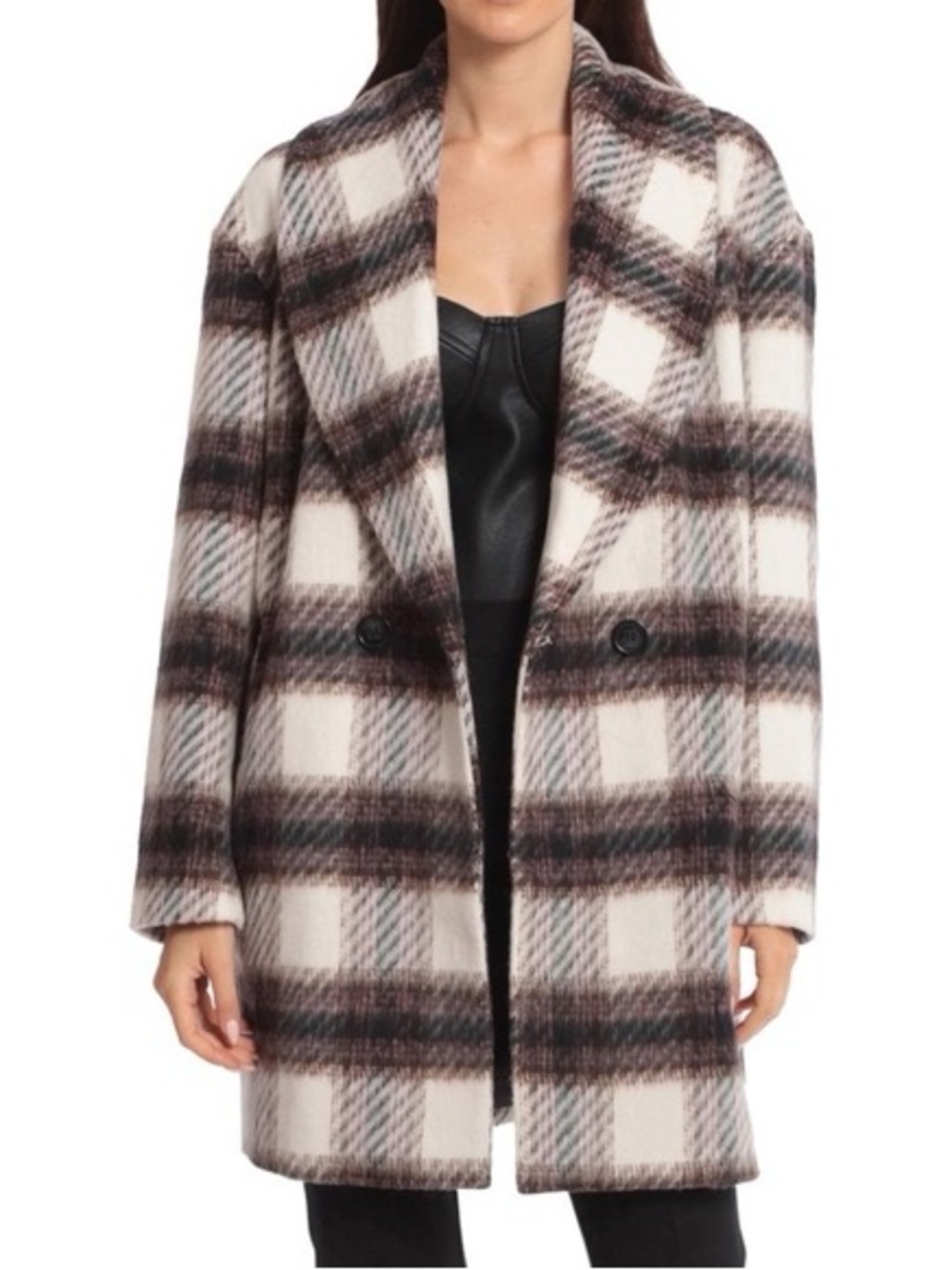 Avec Les Filles Cream and Brown Plaid Double-Breasted Pea Coat